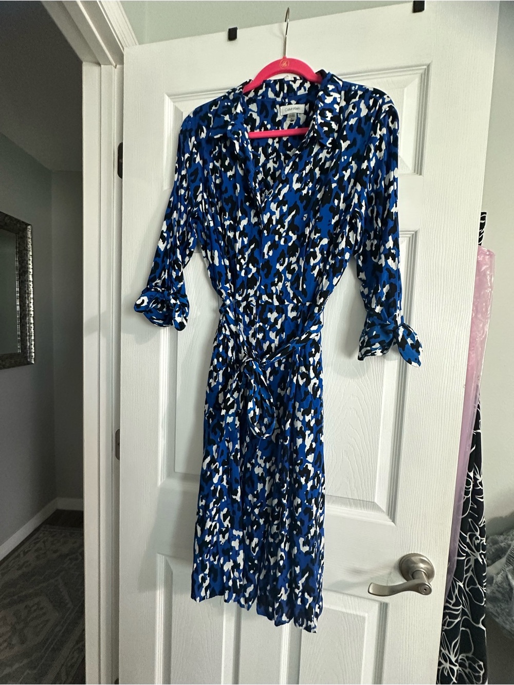 Calvin Klein Blue, Black and White Abstract Wrap Midi Dress